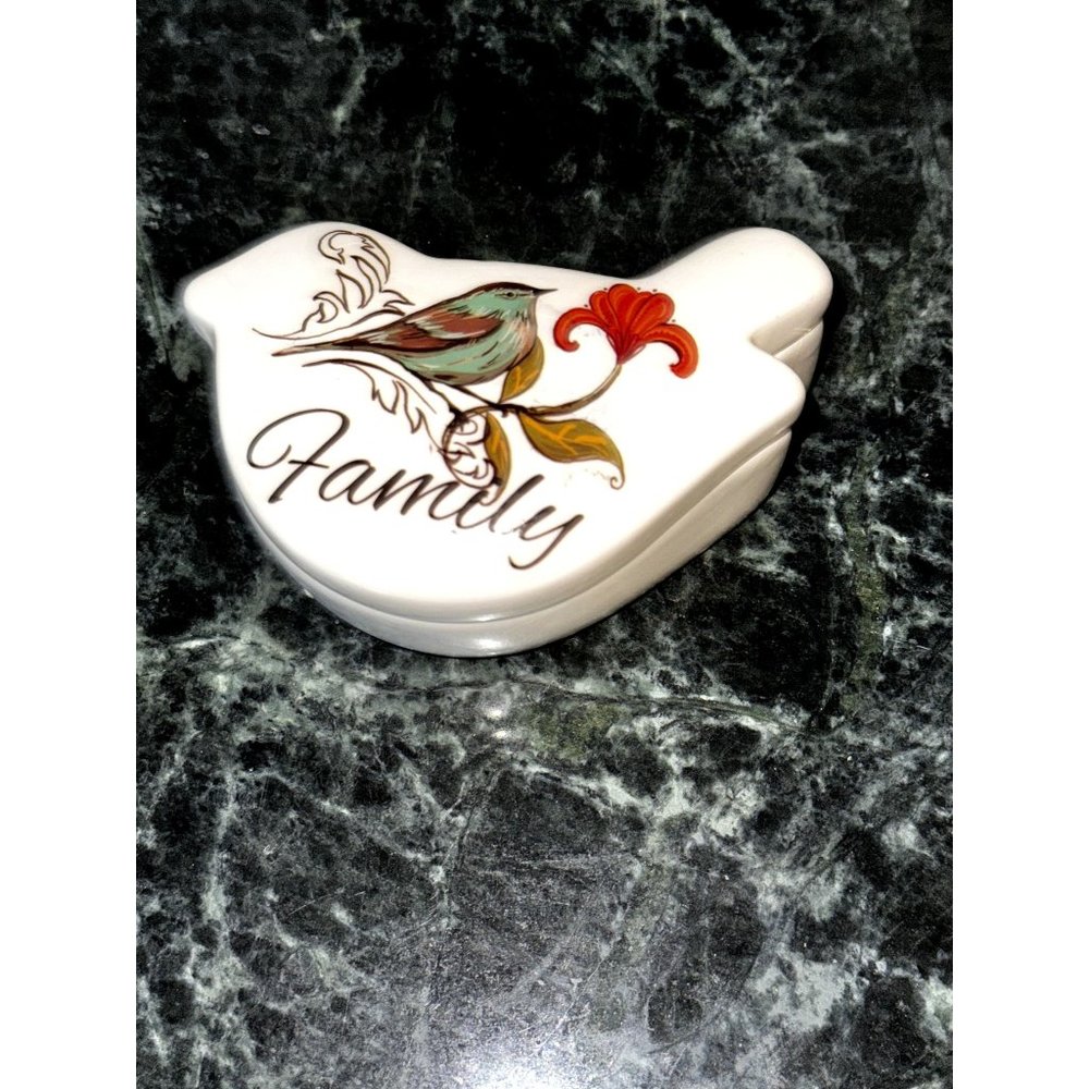 Porcelain Jewelry Trinket Box Flower & Bird Design